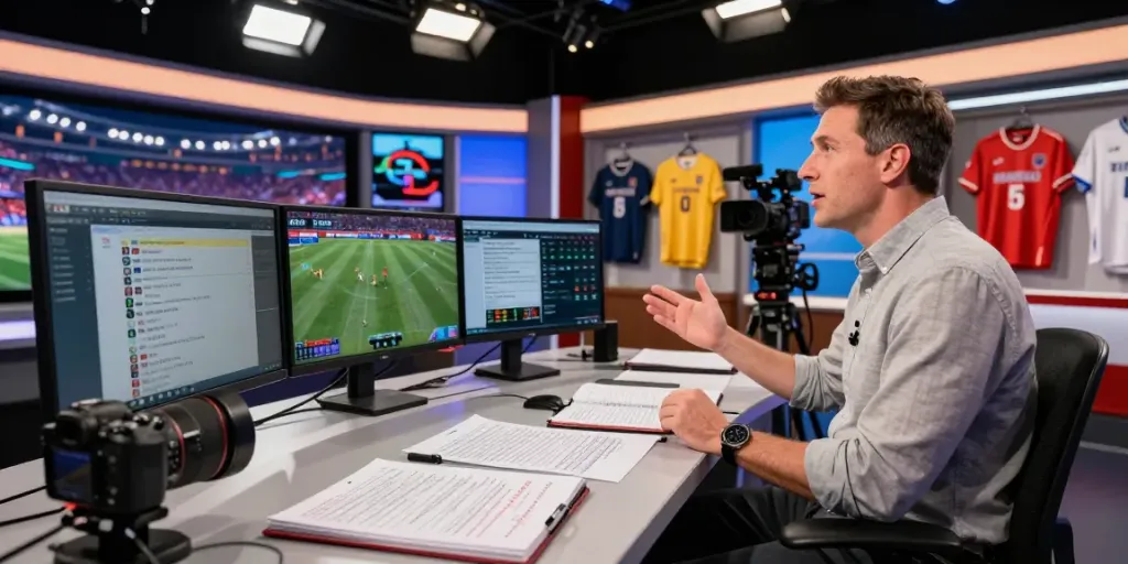 Sports analyst passionately discussing jebolwd game stats in a dynamic studio.