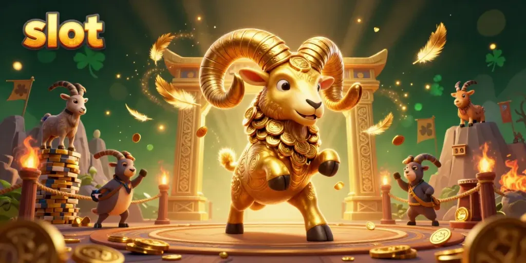 Permainan slot gacor dengan ram emas dan koin yang berkilau, menciptakan suasana kasino yang semarak.