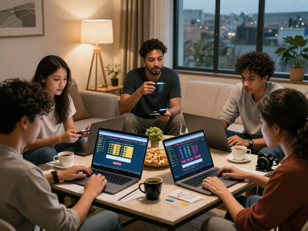 Users engaged in Seributoto Login from various devices in a vibrant home setting.