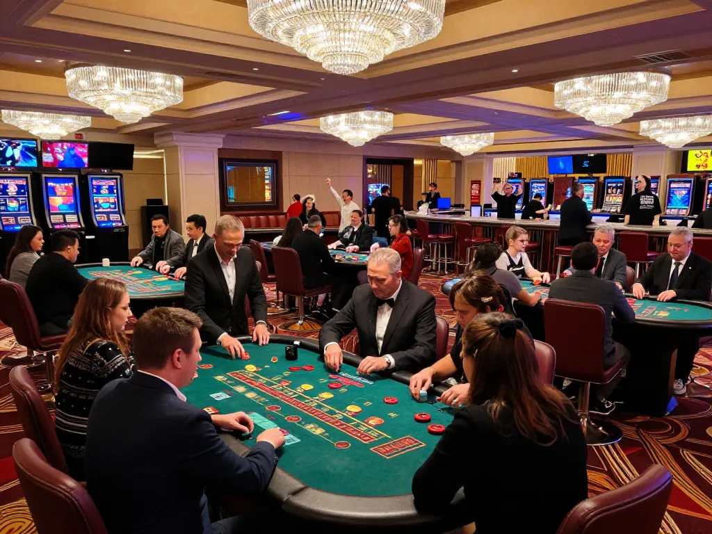 Players enjoy immersive gaming at jangkar55 casino, engaging with vibrant table games and lively atmosphere.