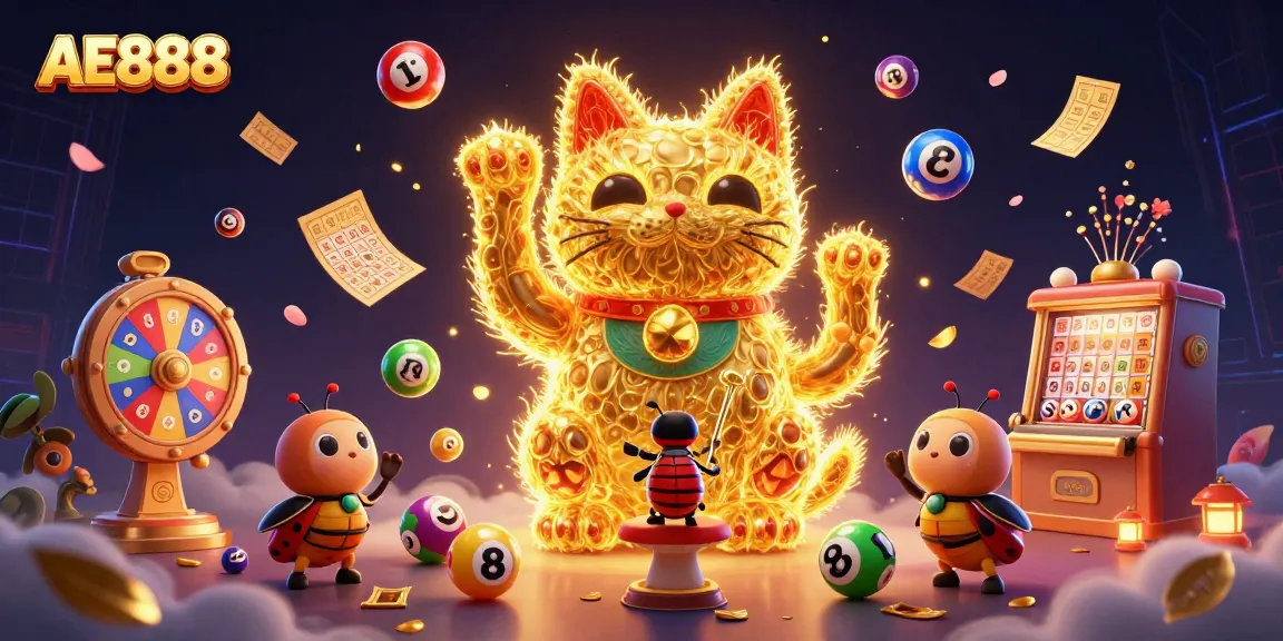 Win big with AE888's vibrant 3D animated lucky cat showcasing exciting casino symbols and games.