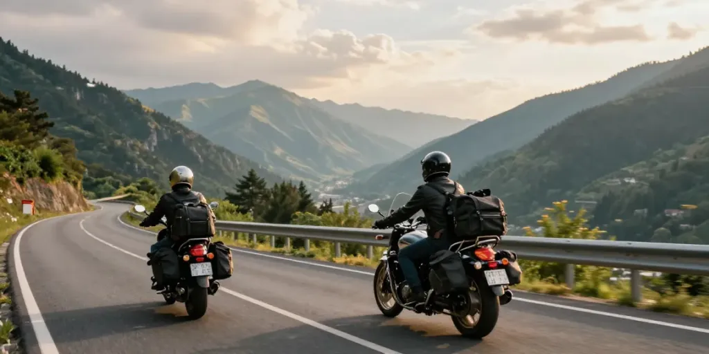 A scenic view of two riders enjoying two-up motorcycle riding on a winding road, showcasing the adventure of 2up india.