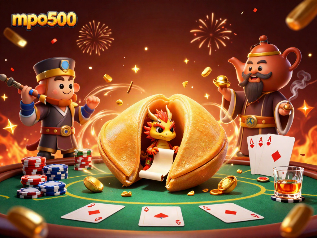 Gambarkan mpo500 dengan naga bijaksana dan kue keberuntungan di kasino yang megah.