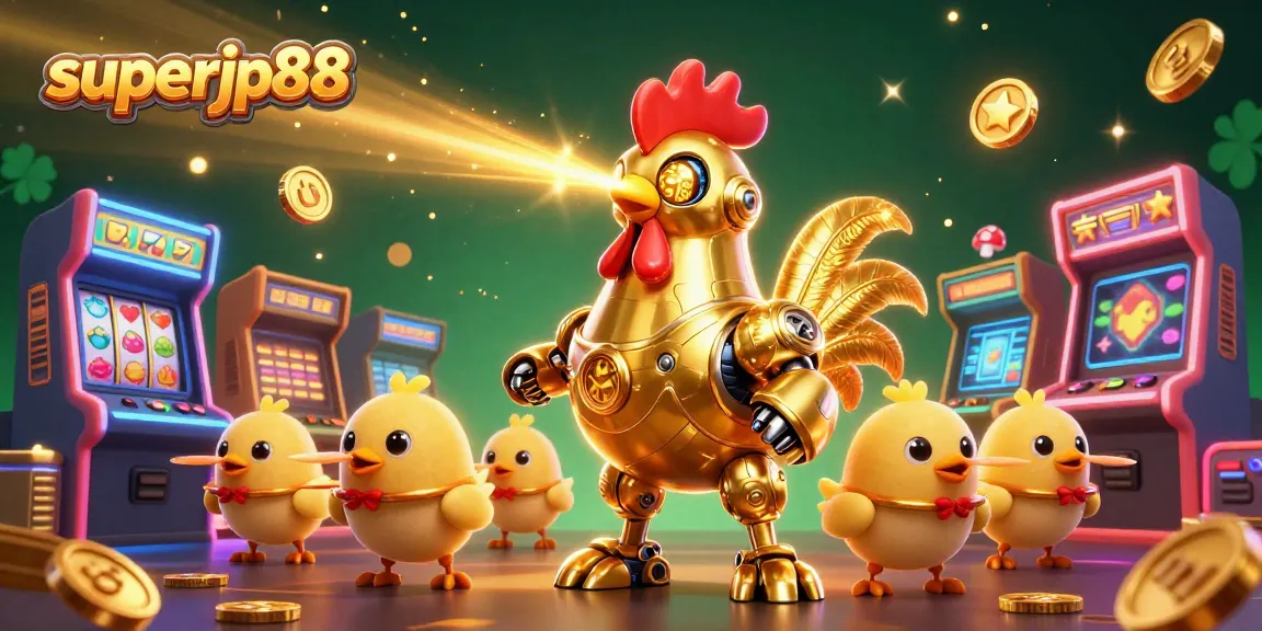 Win big playing superjp88 with an energetic golden rooster robot and baby chick drones amidst colorful casino-themed elements.