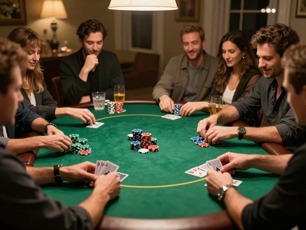 MPOID players strategizing during a home poker night with vibrant chips and focused expressions.