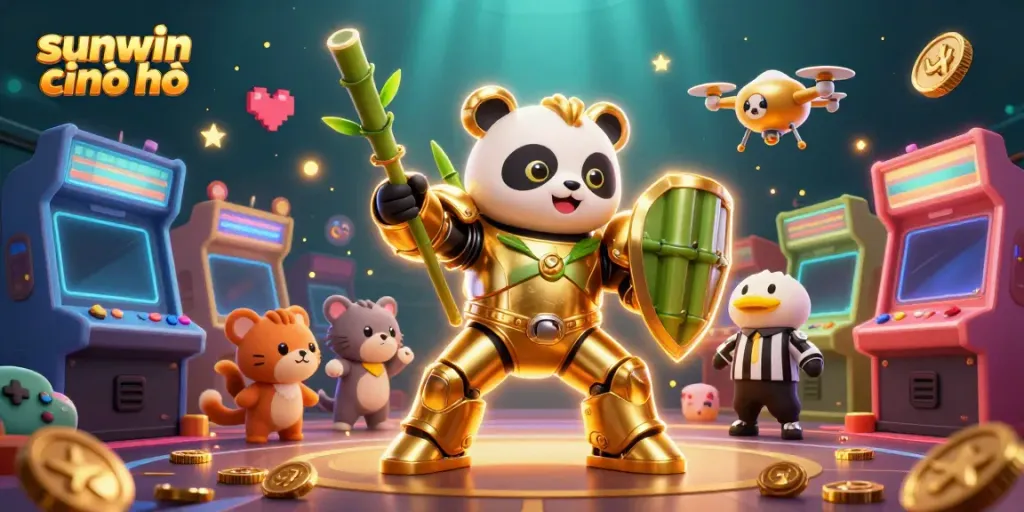 Engage with sunwin chính chủ in a vibrant casino realm featuring a whimsical mech-panda robot and colorful gaming machines.