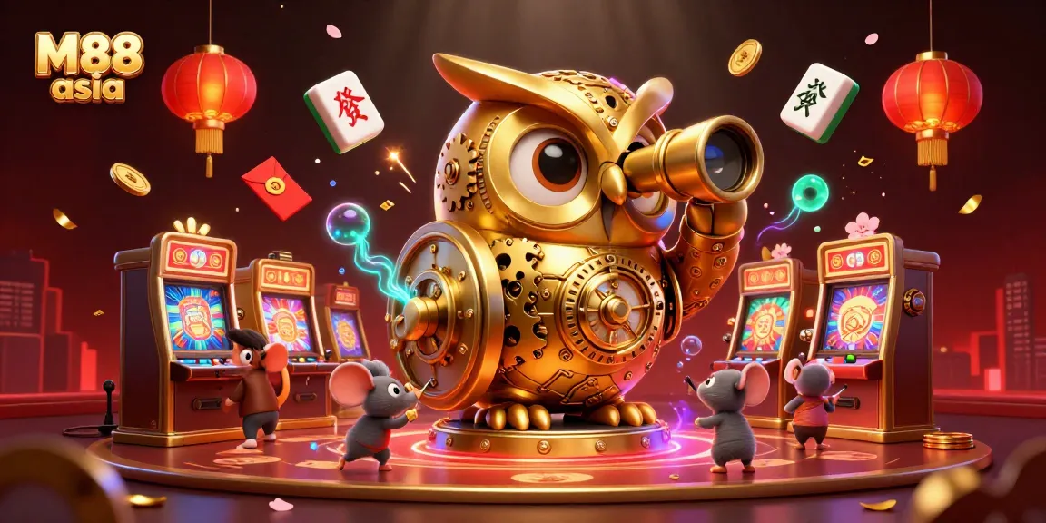 M88 asia illuminates the vibrant casino floor with a whimsical golden owl and playful mouse patrons amidst dynamic gambling elements.