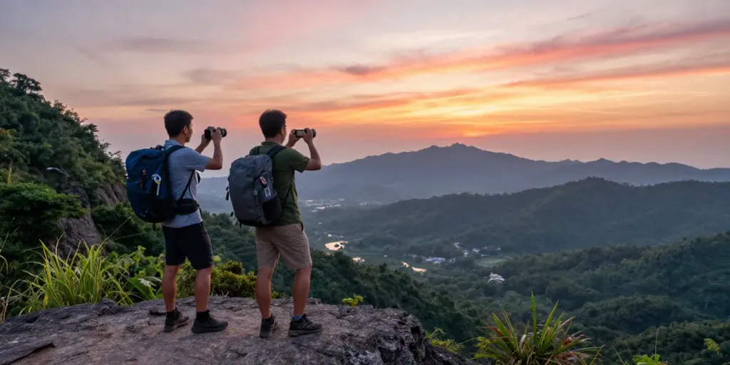 Pengunjung situs gacor menikmati pemandangan pegunungan yang menakjubkan saat matahari terbit.