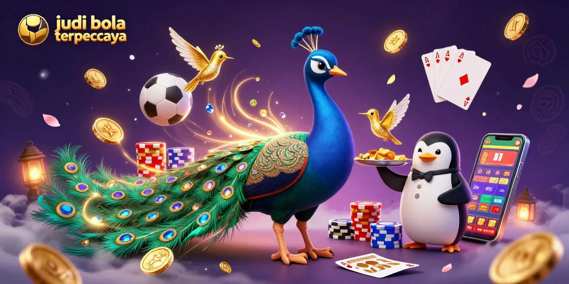 Engage in judi bola terpercaya, featuring vibrant betting atmosphere with peacock, penguin, and golden hummingbird.