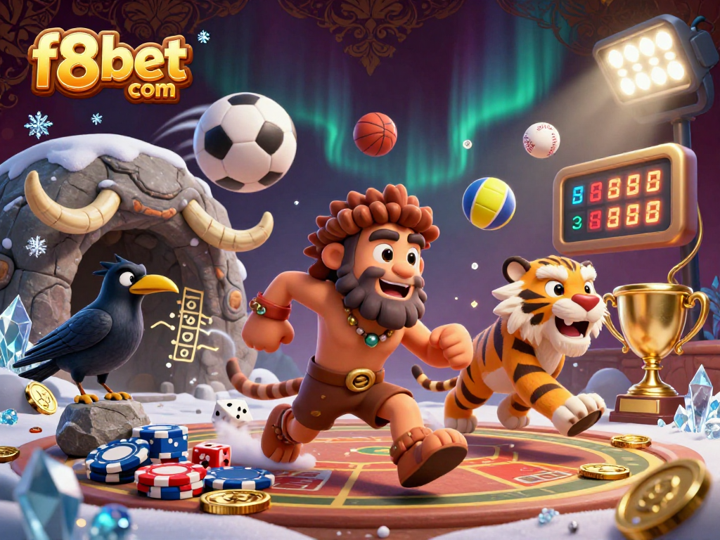 Experience the excitement of f8bet com with a vibrant prehistoric casino scene featuring unique characters and dynamic gameplay.