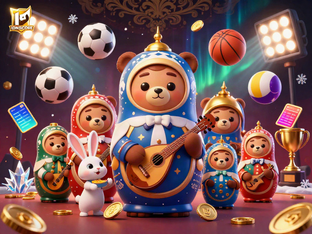 IDNSCORE showcases a festive scene with 3D cartoon bears, sports elements, and engaging visuals.