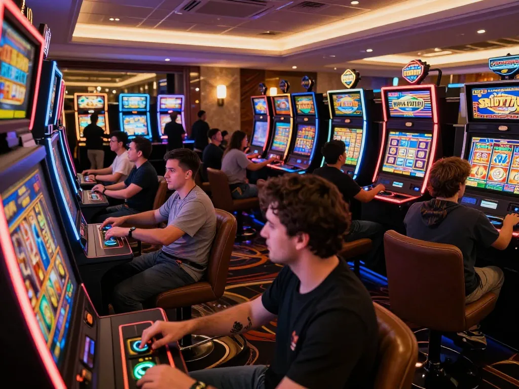 Engaged players enjoying Slot777 games in a vibrant casino atmosphere.