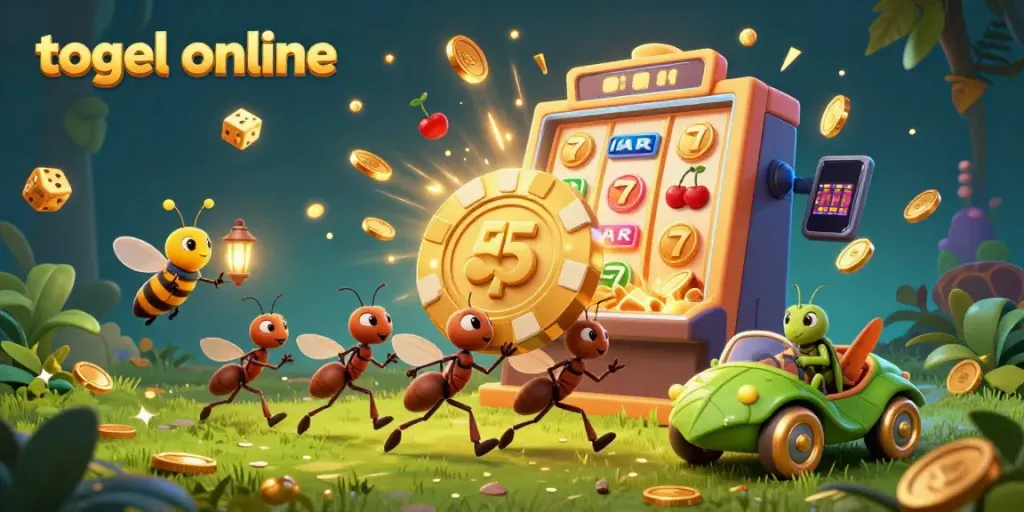 Mengakses togel online dengan hewan kartun membawa chip poker emas, menciptakan suasana kasino yang semarak.