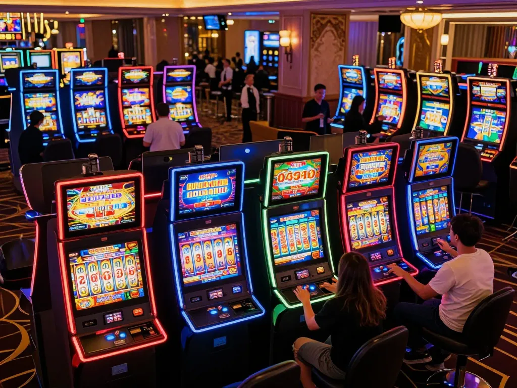 Players enjoying popular slot Thailand gaming machines in a vibrant casino setting, excitement in the air.
