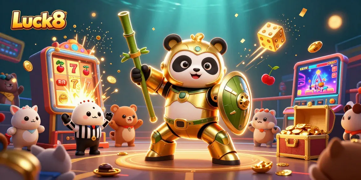 Play exciting games at Luck8 with a dynamic scene of a colorful casino setting filled with characters and game elements.