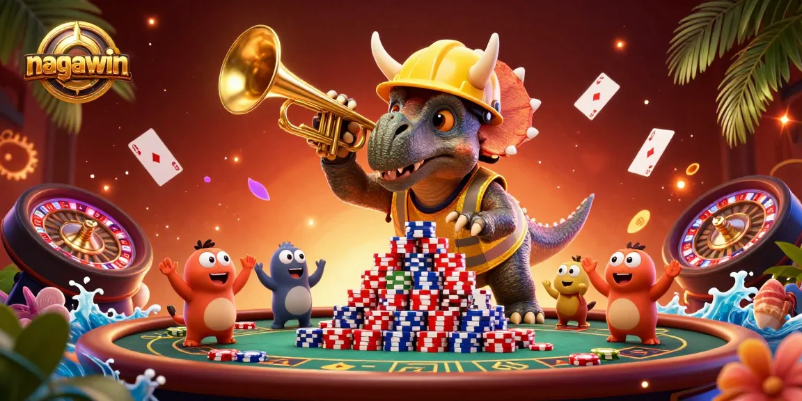 Nagawin celebrates with a cartoon triceratops constructing poker chip pyramids while a parasaurolophus plays a celebratory tune.