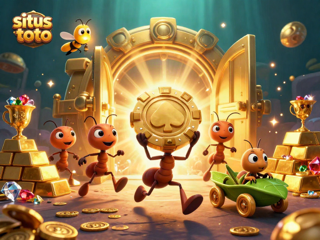 Situs toto memandu pemain dengan tim semut 3D dalam pencurian chip poker emas yang megah, penuh dengan harta karun.