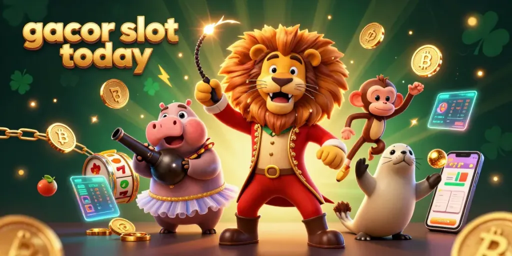 Experience the thrill of gacor slot today with vibrant slot reels and animated characters in a dynamic casino scene.