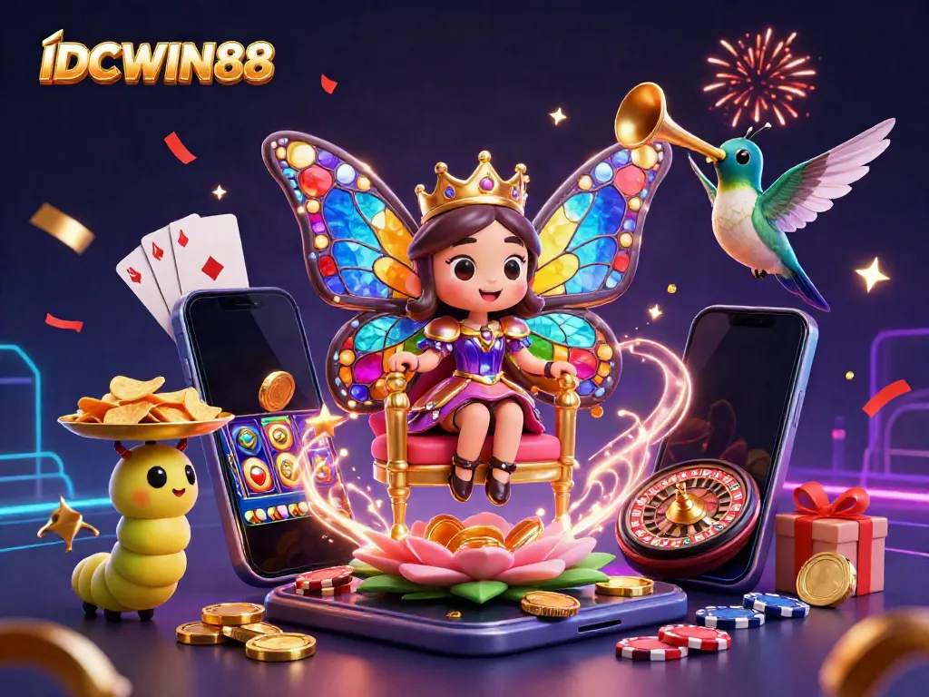 Experience the vibrant world of IDCWIN88 with our colorful casino characters, dynamic game elements, and luxury gaming atmosphere.