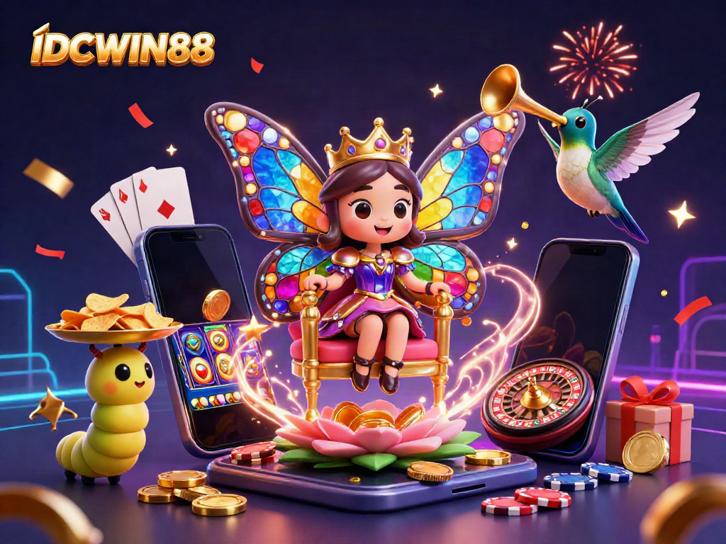 Experience the vibrant world of IDCWIN88 with our colorful casino characters, dynamic game elements, and luxury gaming atmosphere.