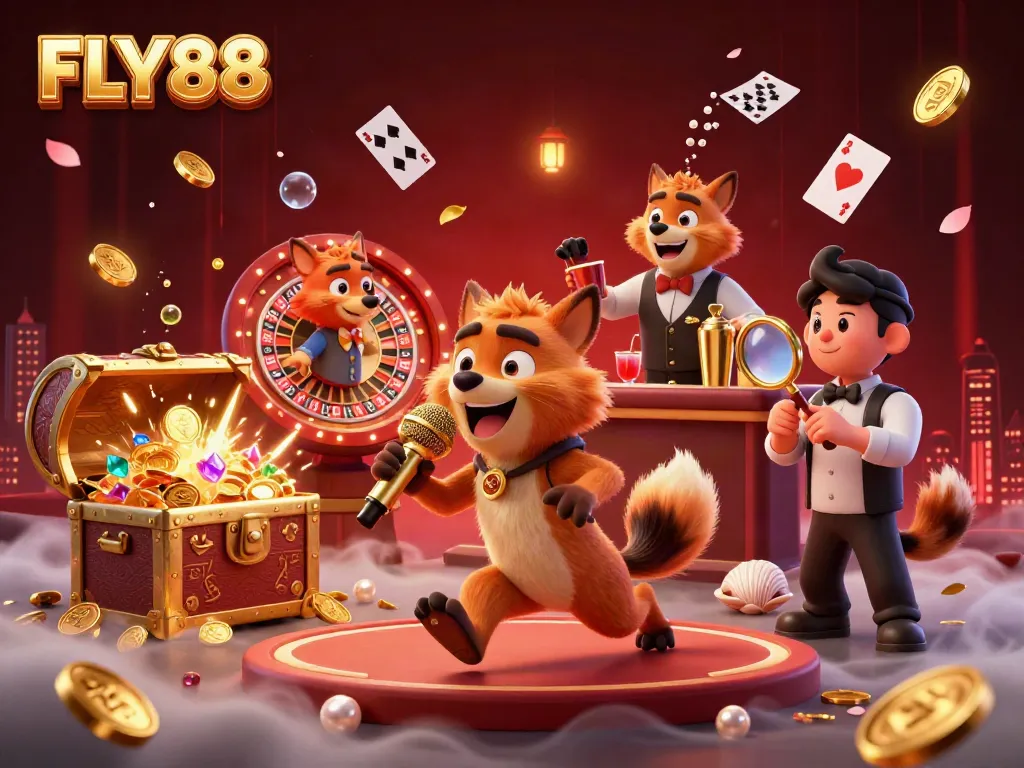Experience the FLY88 casino adventure with hyenas in a comedy club, stacked with vibrant gaming elements.