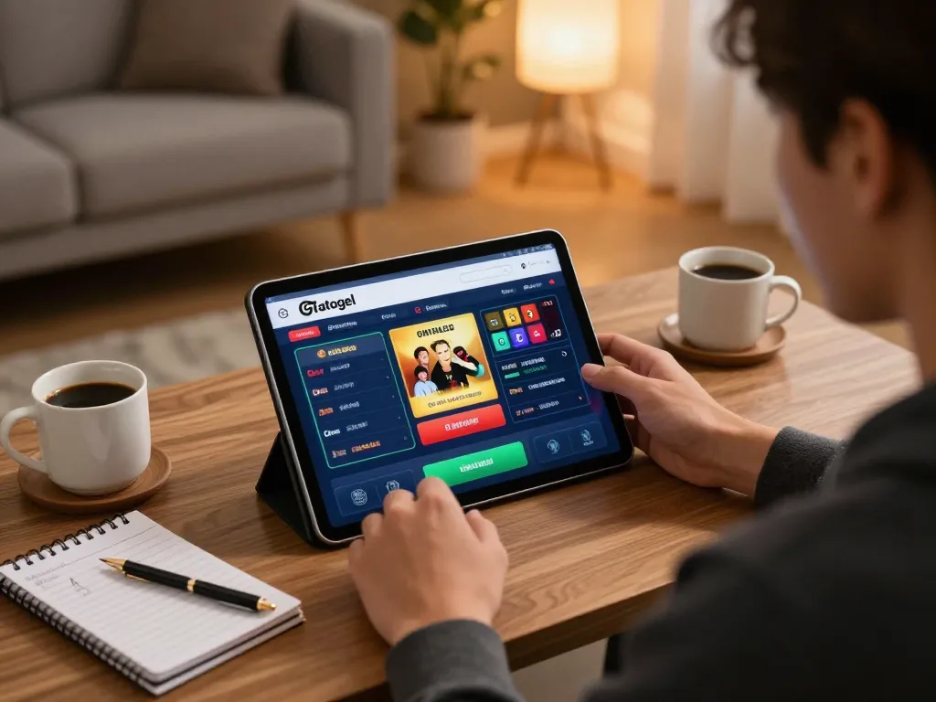 Engage in strategic online betting at GTAtogel with a tablet-focused player in a cozy setting.