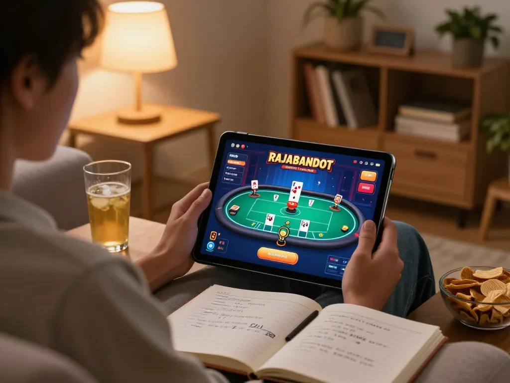 Playing RAJABANDOT Macau poker game on a tablet while seated comfortably in a cozy living room.