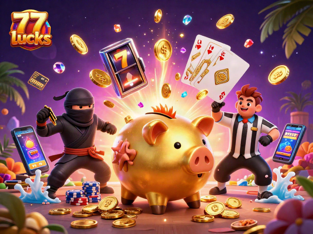 Menyaksikan 77lucks dengan piggy bank sumo emas dan keseruan slot yang berkilauan.