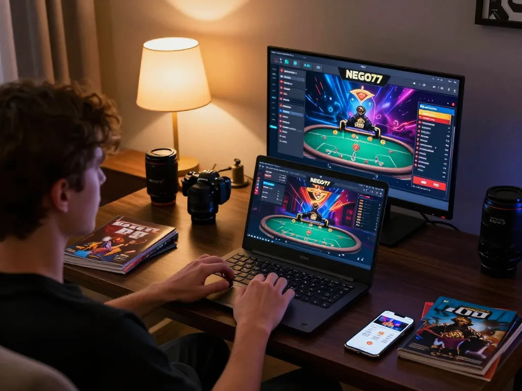 Engaging in online gameplay with NEGO77 on a laptop, showcasing vibrant poker graphics and a cozy atmosphere.