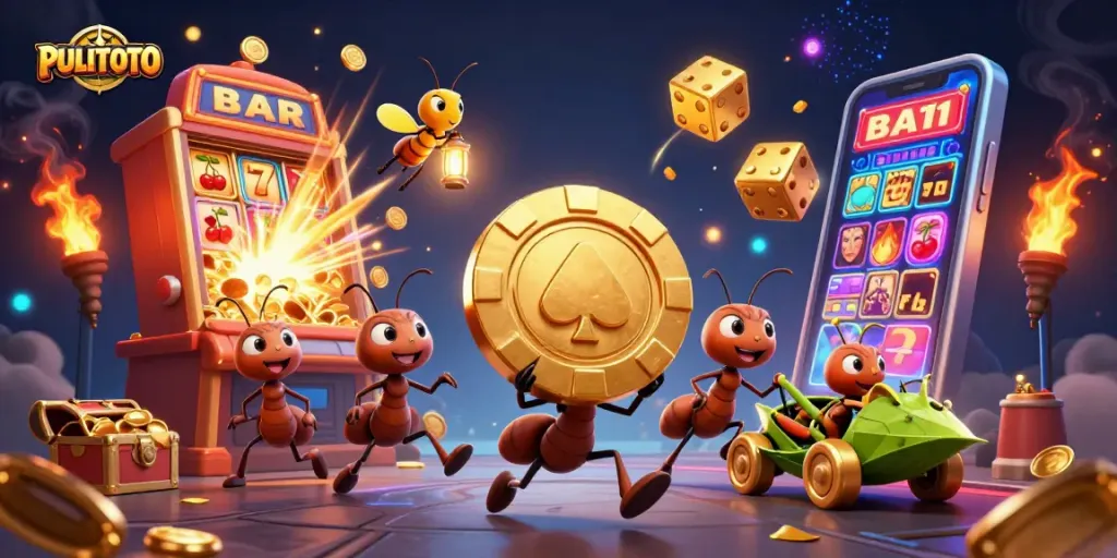 PULITOTO's dynamic gambling illustration with ants, a firefly, and a grasshopper stealing a giant poker chip.