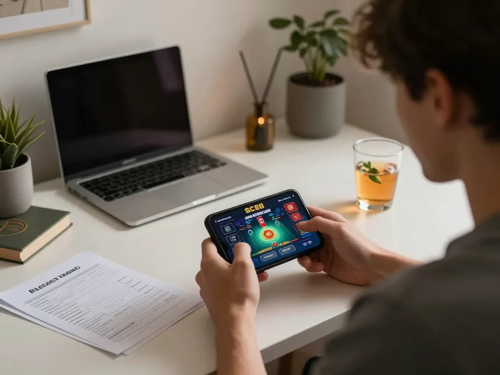 Player enjoying SC88 casino app on smartphone with strategic notes in a cozy home setting.