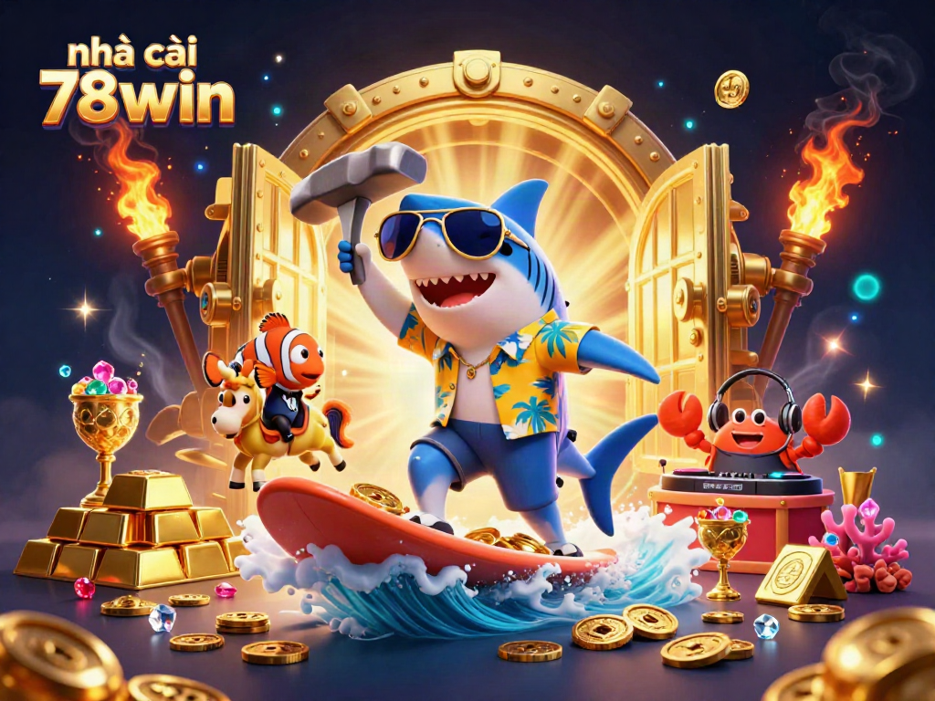 Experience excitement at nhà cái 78win with vibrant 3D characters and gold coins spilling in this casino-themed illustration.