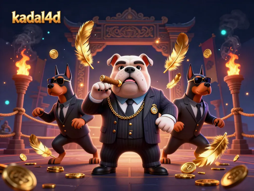 Engaging illustration of kadal4d with a cartoon mafia boss bulldog and Doberman guards surrounded by casino elements.