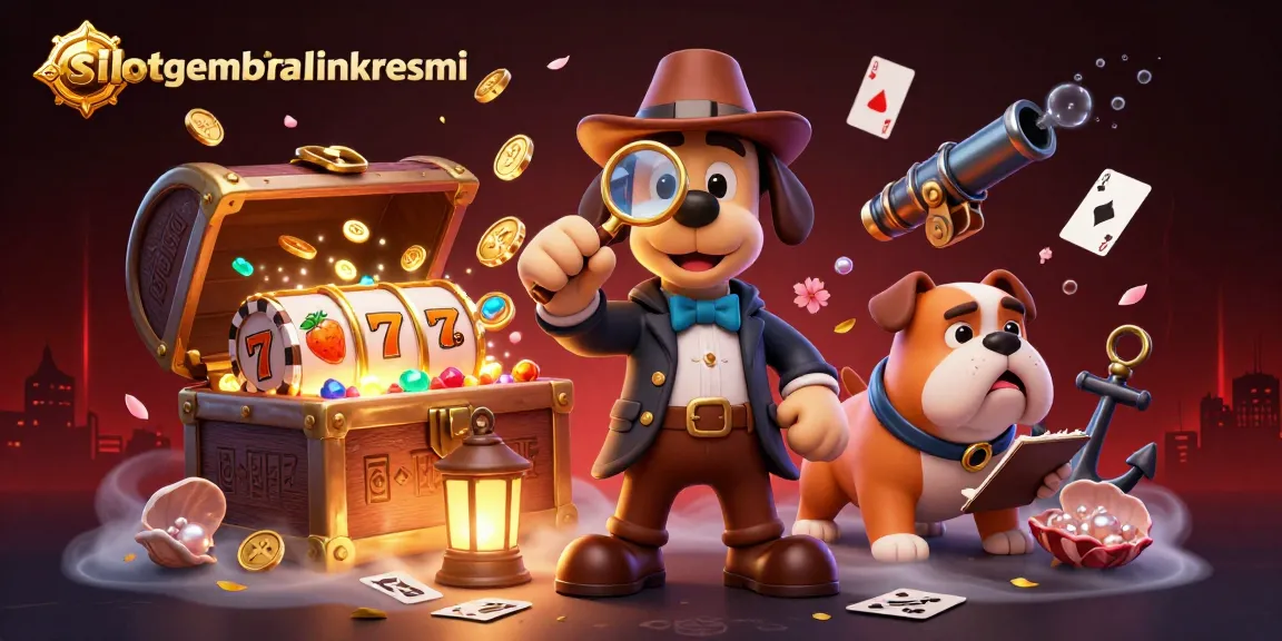 Slotgembiralinkresmi menampilkan detektif 3D kartun memeriksa chip poker emas di dunia slot yang kaya.