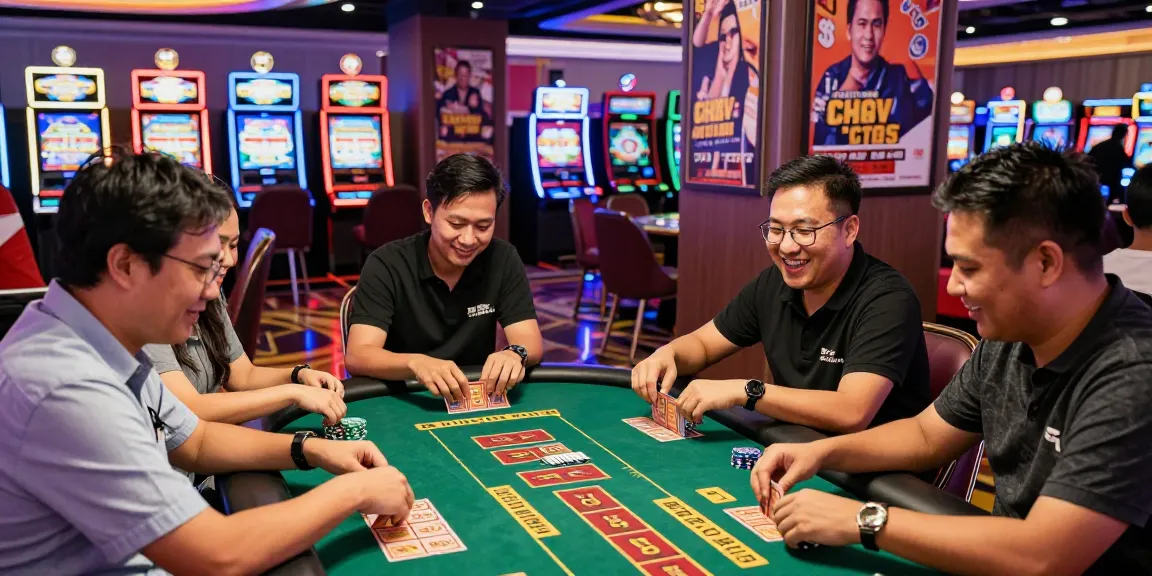 Situs togel players enjoying a lively game at a colorful casino table.