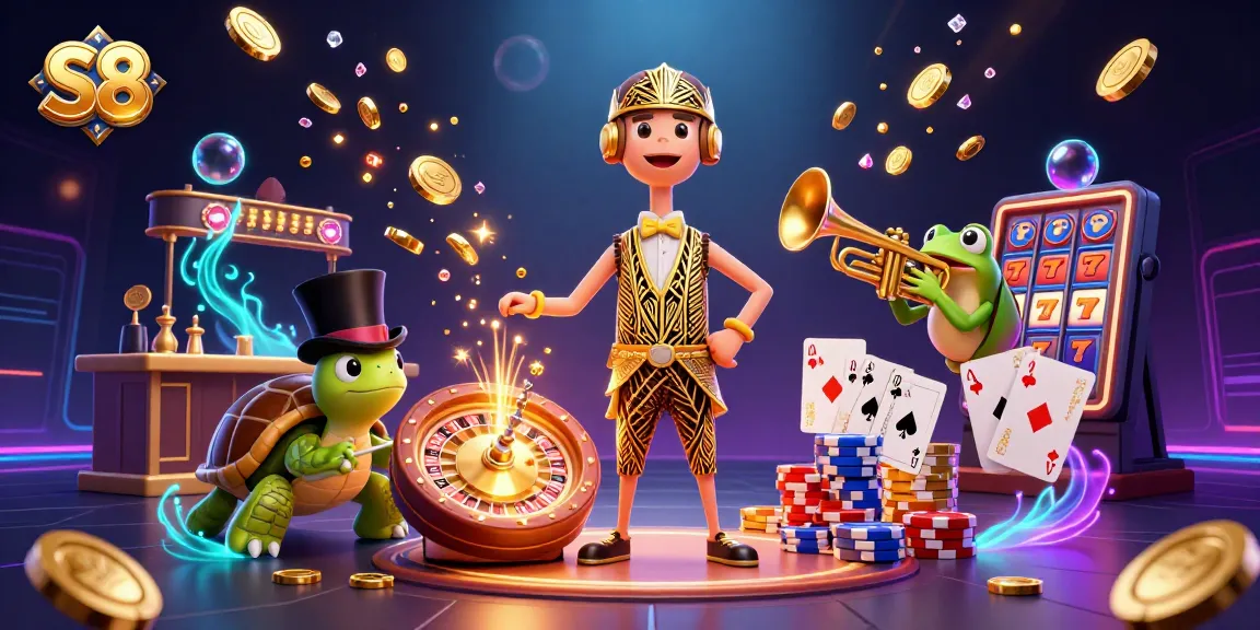 S8 showcases a lively 3D casino scene featuring vibrant characters, spinning roulette wheels, and dazzling casino elements.