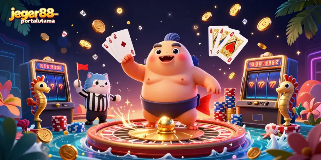 Menangkan permainan di jeger88-portalutama dengan jackpot dan koin berkilau yang bertebaran di dalam gambar.