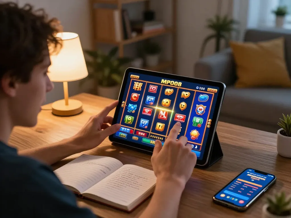 MPO08 player celebrating a win on a tablet in a cozy gaming setup, showcasing vibrant slot symbols and engaging atmosphere.