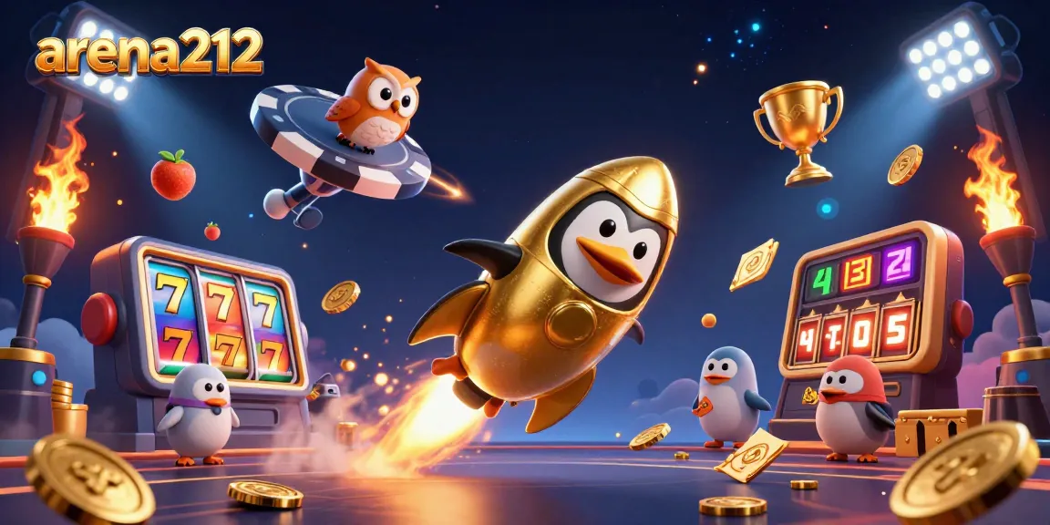 arena212 menghadirkan jackpot luar biasa dengan penguin emas meluncur melalui kasino berkilau yang dikelilingi koin.