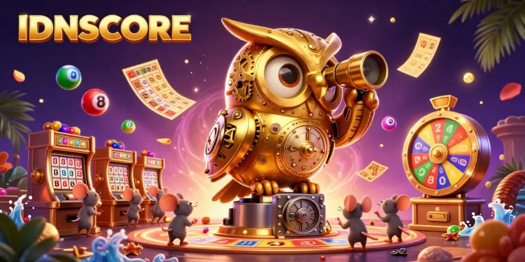 Engage with IDNSCORE in a vibrant casino scene featuring a golden owl overseeing dynamic gaming elements.