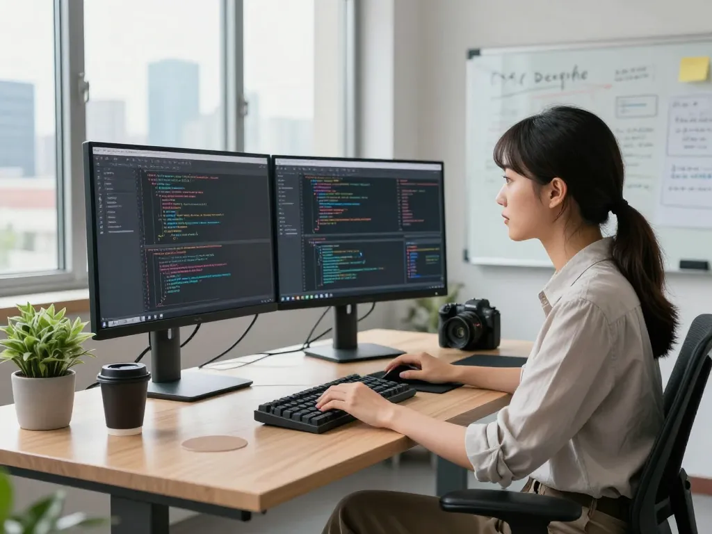 Software developer coding in a modern workspace with elements of WOLES88 technology and urban flair.