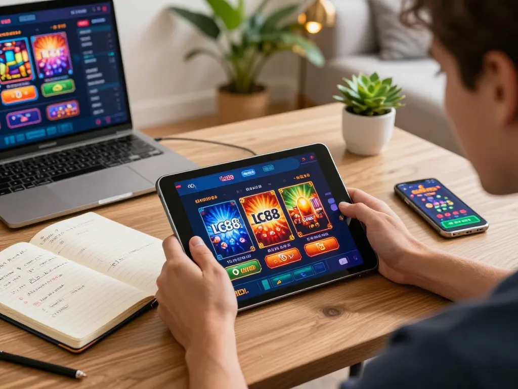 Engaging online gaming experience with LC88 casino games on tablet, showcasing strategy notes and a cozy environment.