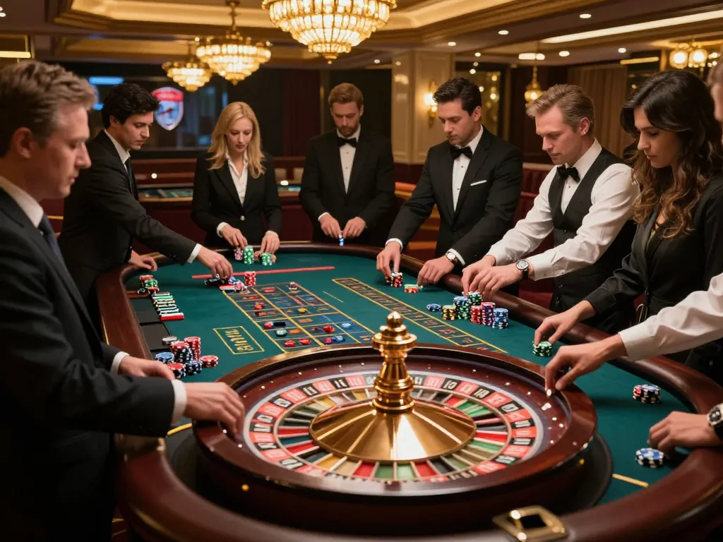 Pemain yang terlibat memasang taruhan di meja roulette dalam suasana kasino mewah, menyoroti pengalaman Link sepuhplay resmi.