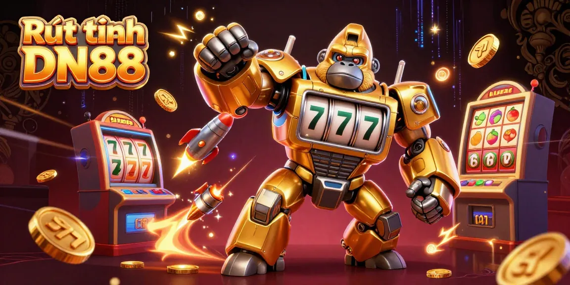 Experience Rút tiền DN88 through a vibrant 3D illustration showing a golden gorilla mech celebrating big wins with slot machine elements.