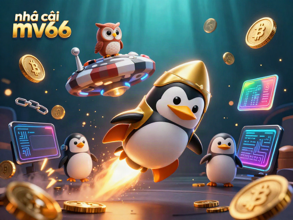 Play and win at nhà cái mv66 with a vibrant casino-themed 3D illustration featuring cryptocurrency elements.