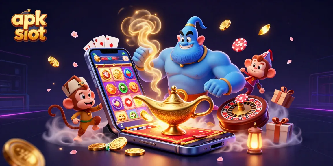 Slot apk menampilkan genie kartun biru dengan lampu dan simbol permainan kasino.