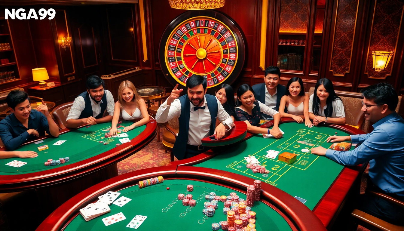 Naga99 casino scene with players at tables, showcasing luxury and excitement in gambling.
