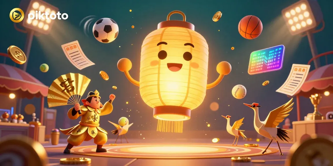 Experience piktoto's casino atmosphere with a cartoon golden lantern spirit, sports elements, and vibrant energy.