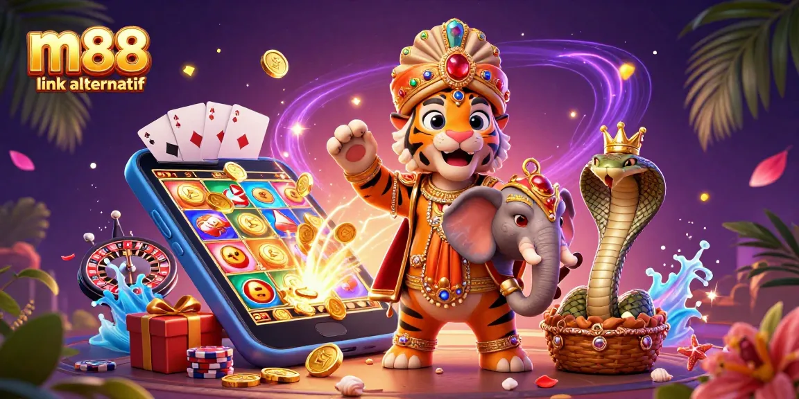 Experience winning thrills at m88 link alternatif with an exciting 3D casino scene featuring vibrant characters and games.