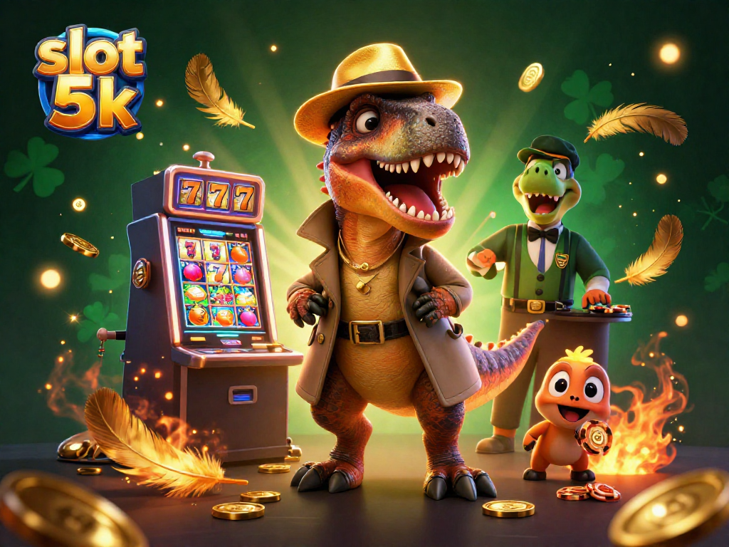 Slot 5k action scene with a velociraptor card counter, a stegosaurus pit boss, and a compy pickpocket at a vibrant casino slot.